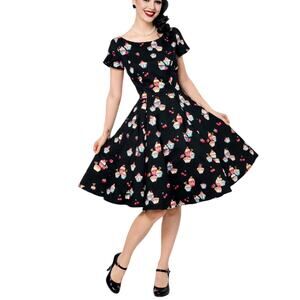 Eva Rose Black Pink Cupcake Print Fit & Flare Retro Dress Women’s Size Small